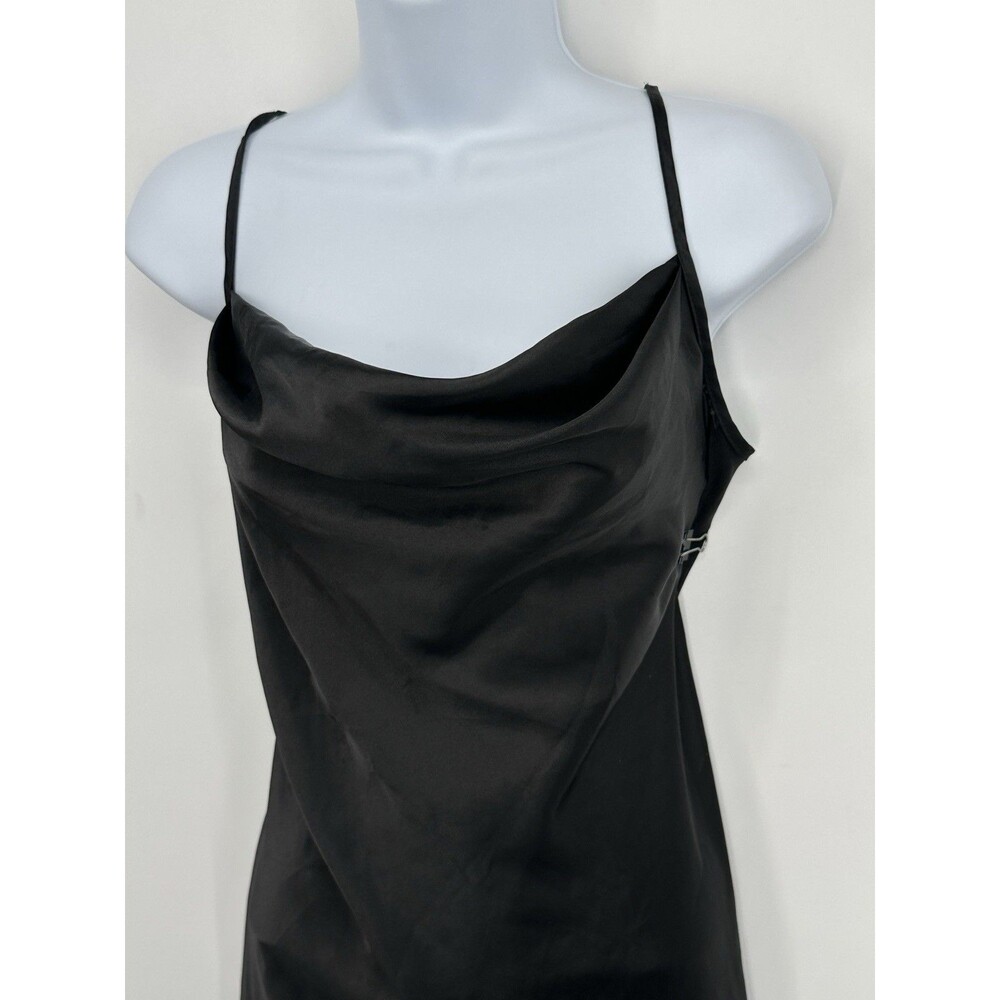 Vtg Bebe Womens Black Satin Slip Dress Size L Cowl Neck Midi Glam Party Holiday